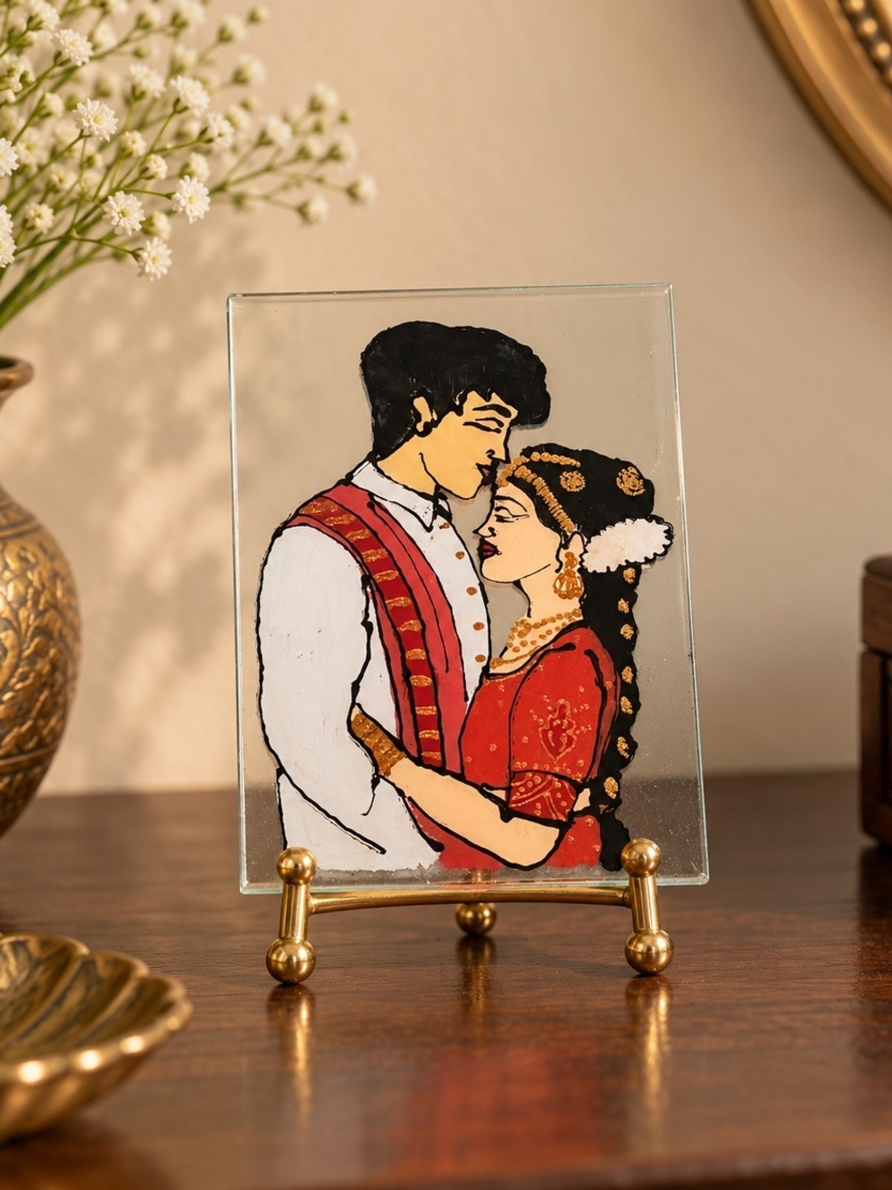 Hand-Painted Romantic Couple Glass Art - Red & White
